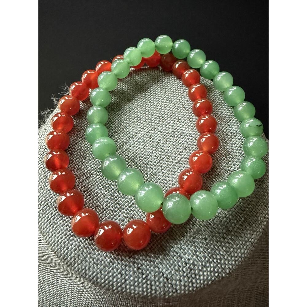 Gemstone Jade Carnelian Stretch Bracelets Set (2) Asian Boho Stackable